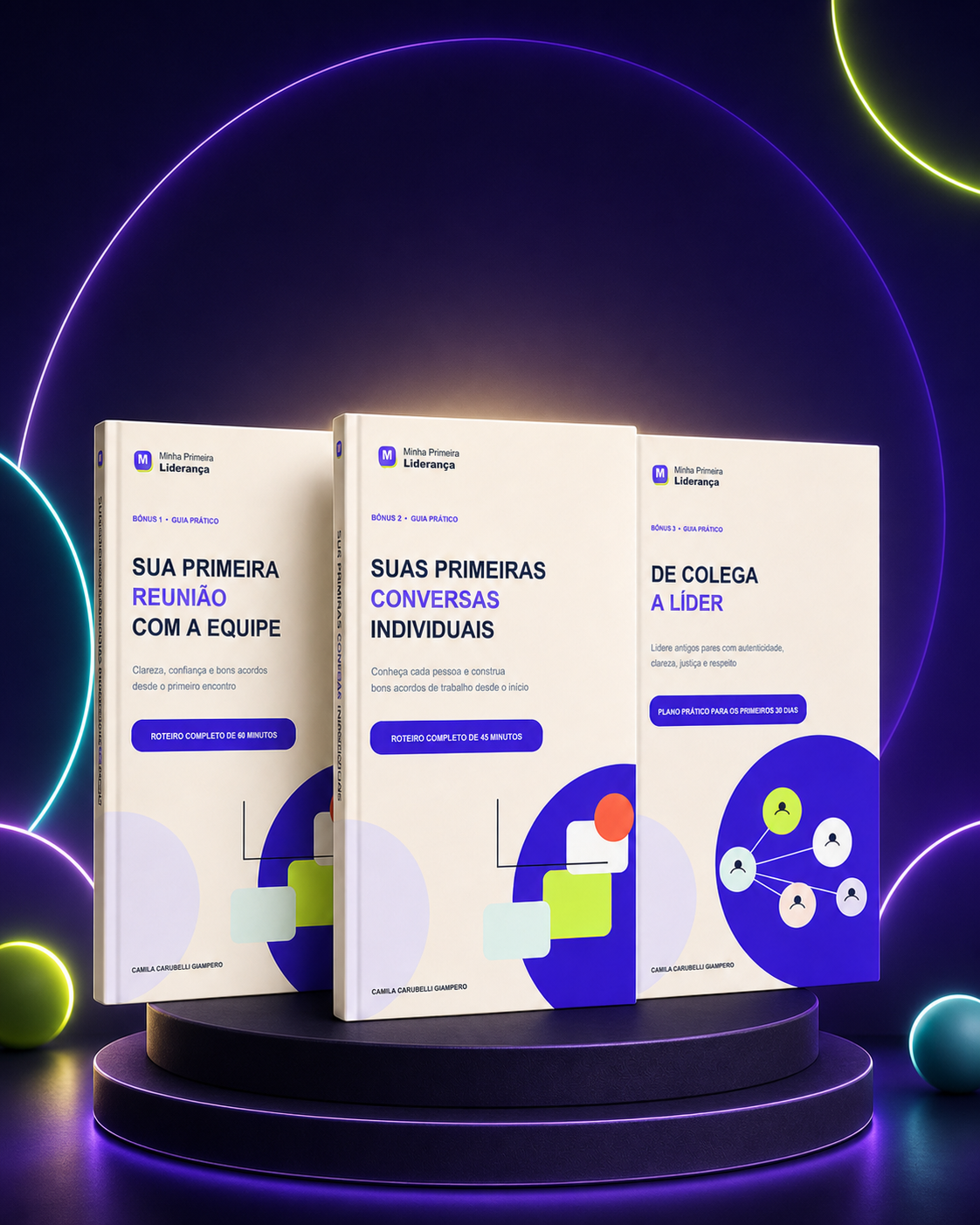 Mockup dos três guias bônus do Kit Primeiros 30 Dias como Líder